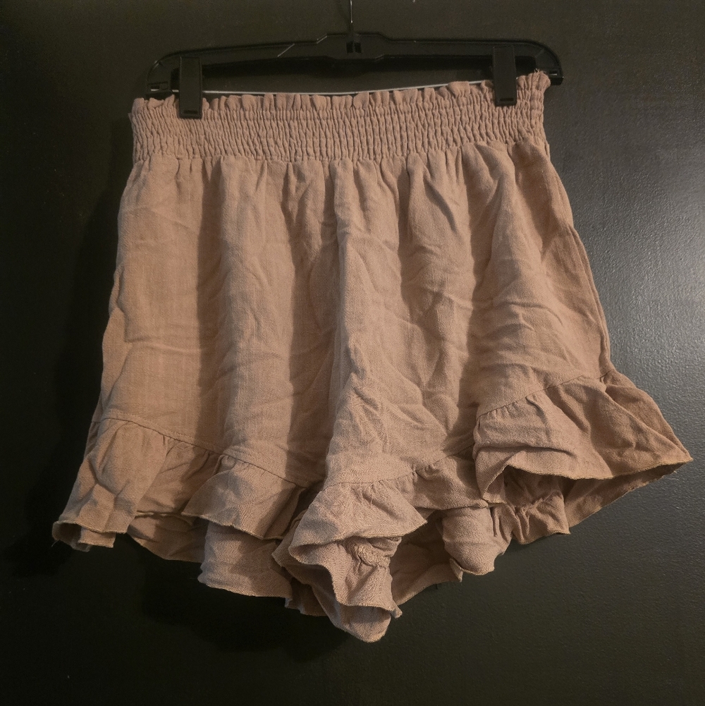 Smocked Waist Ruffle Hem Shorts - Beige